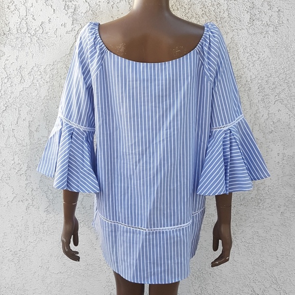 Pleione Off The Shoulder Bell Poplin Striped Top - Picture 3 of 5